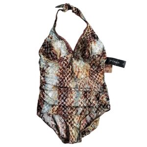 NWT Be Creative Y2K Glam Snake Print Halter Swimsuit Size 14 Ruched Bombshell